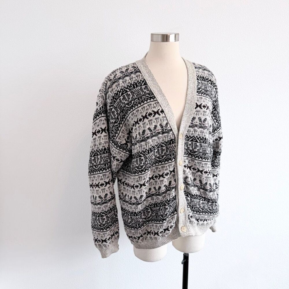 Vintage Peconic Bay Traders Grey Gray Patterned Cardigan Sweater Medium M Knit